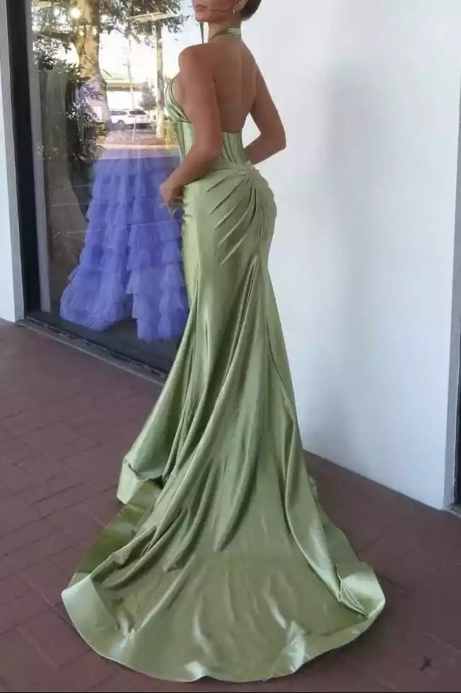 Stunning mermaid lace waist satin rose knot decoration sleeveless zipper back Prom Dresses